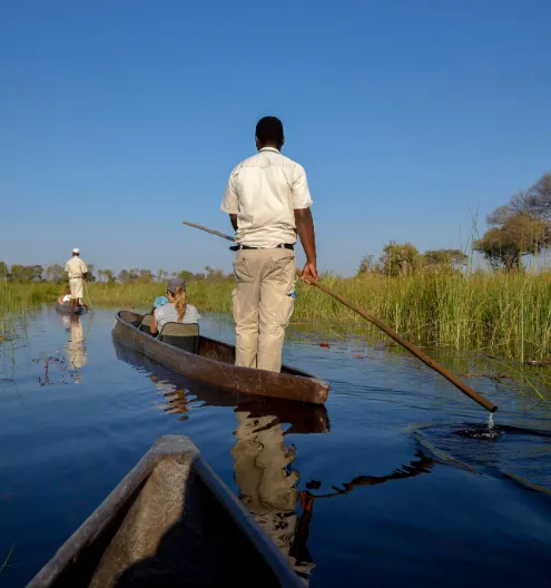 Mokoro canoe gliding through the Okavango Delta, Botswana