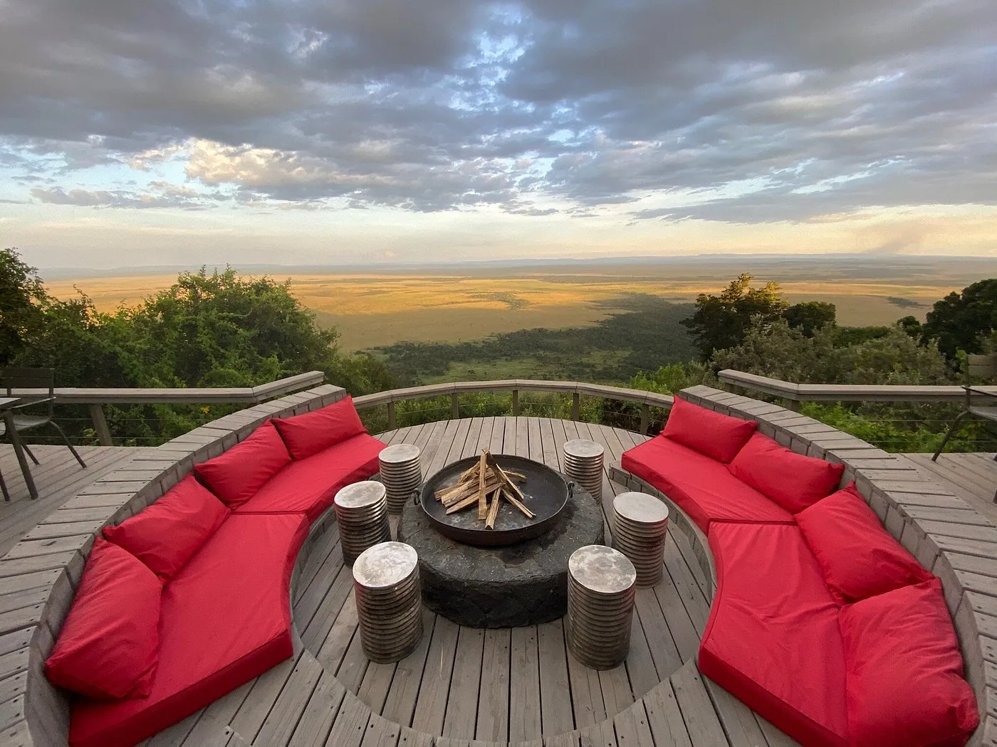A fire pit lounge at Angama Mara on the escarpment above the Mara Triangle, Maasai Mara, Kenya