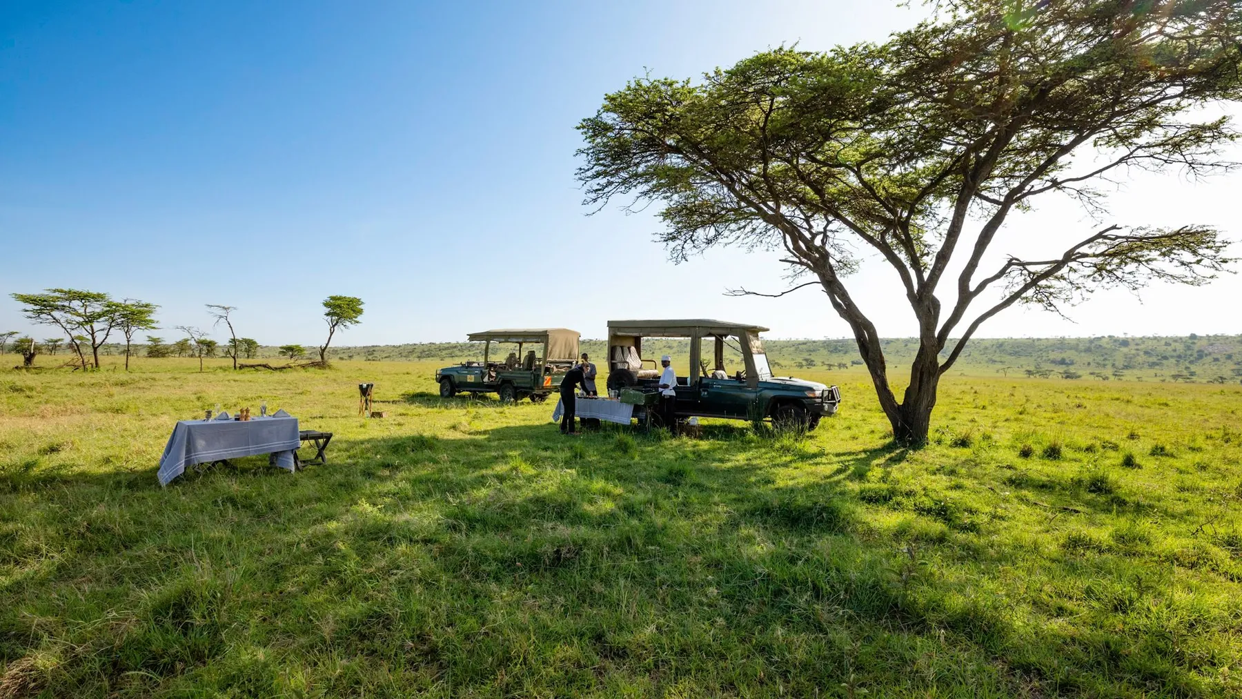 NndeeAfrika safari vehicles at a bush breakfast in the Maasai Mara