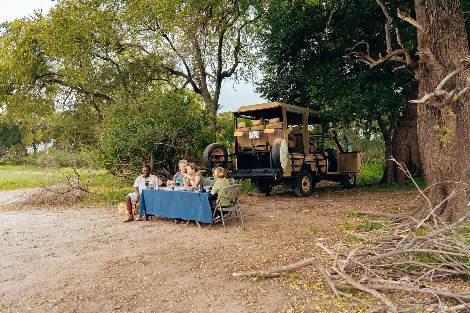 Guests dining outdoors beside safari vehicles in the bush