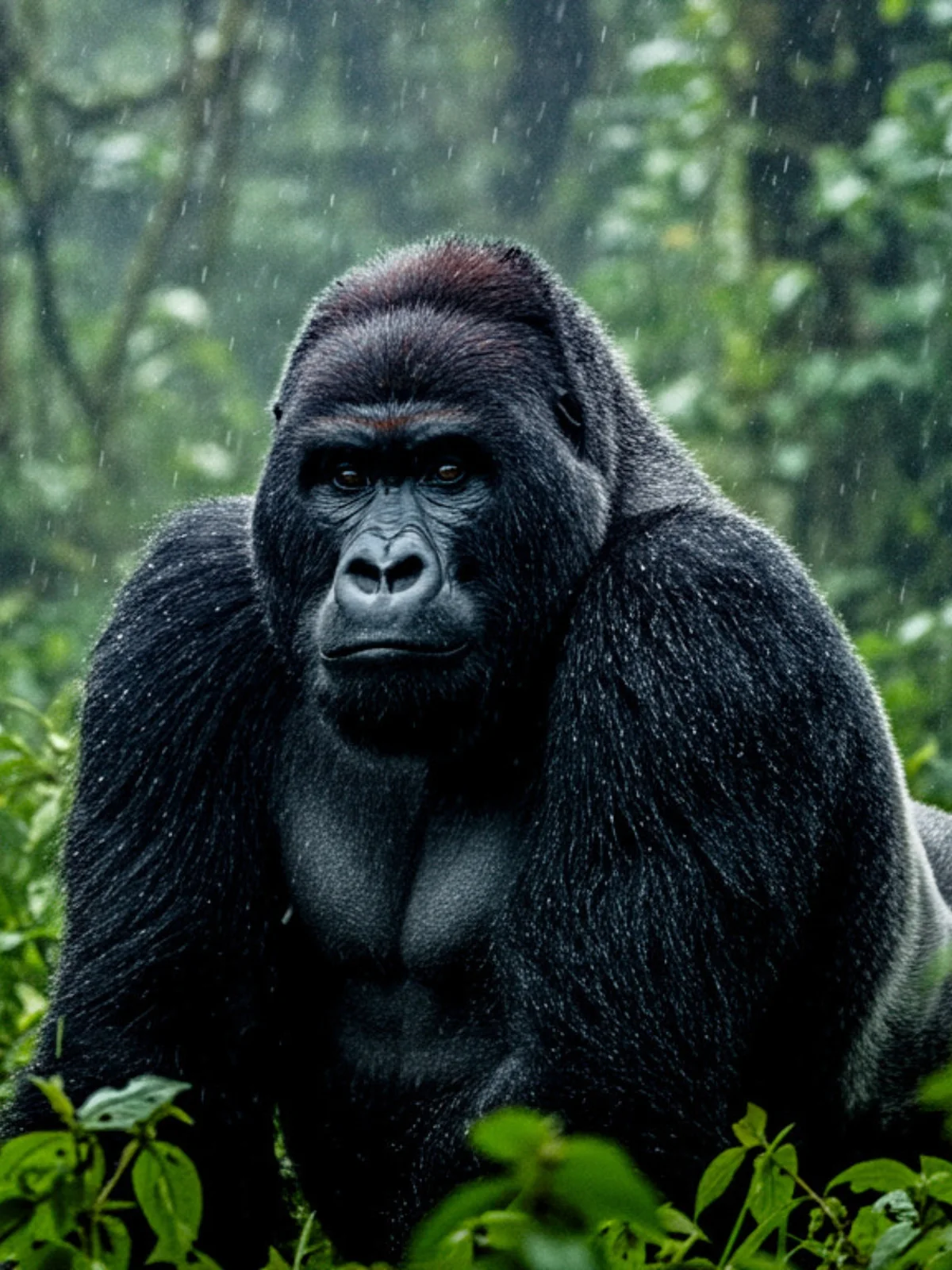 A silverback mountain gorilla in the rain-soaked forest