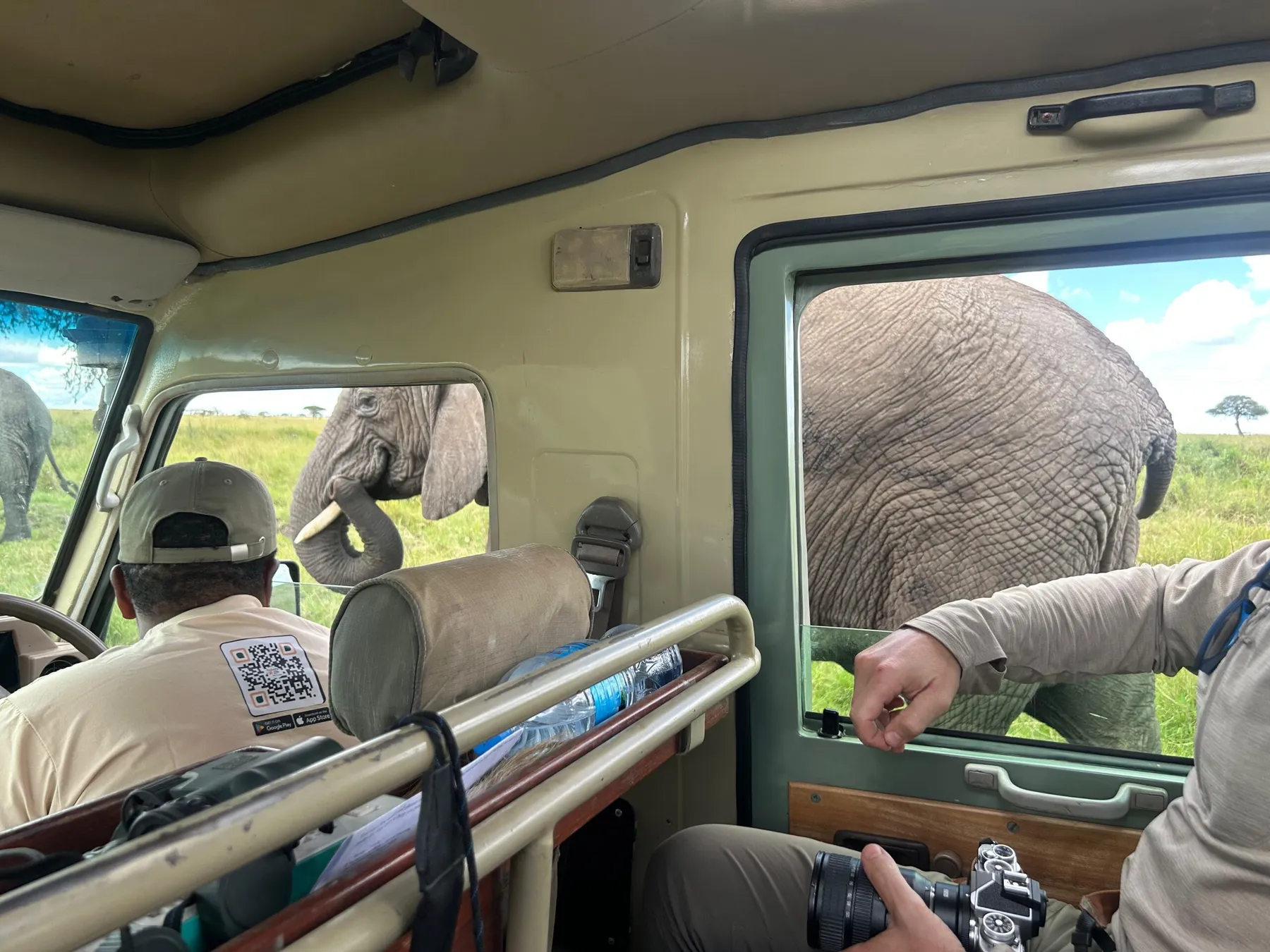 An elephant standing at the open window of a safari vehicle, photographed by a NndeeAfrika guest on a game drive