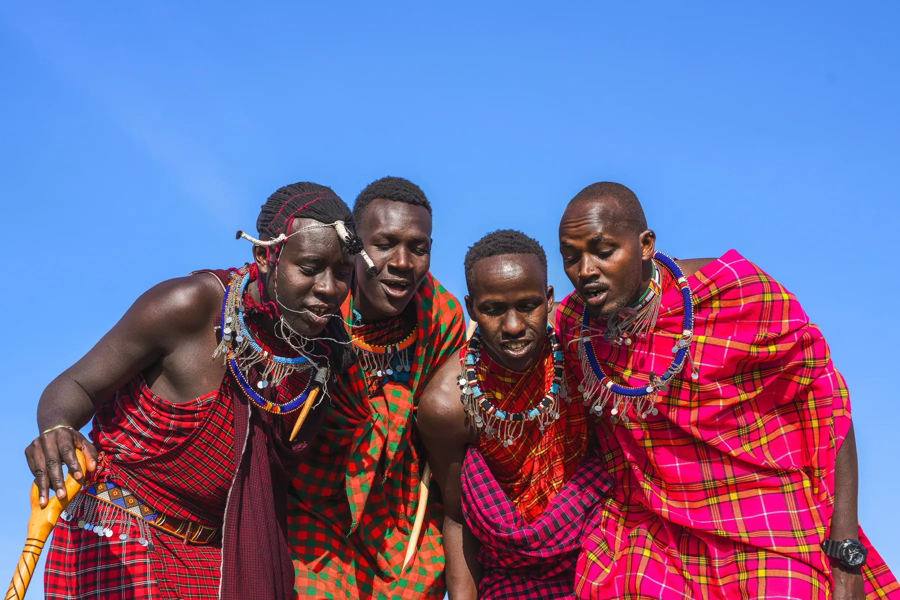 Maasai warriors in traditional red shukas and beaded jewellery