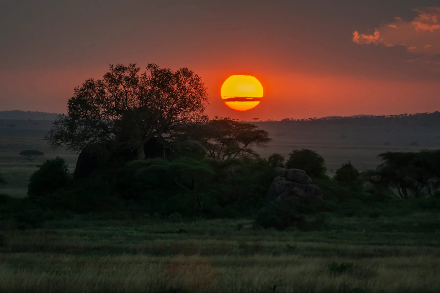 Private safari vehicle at sunset on the Serengeti plains