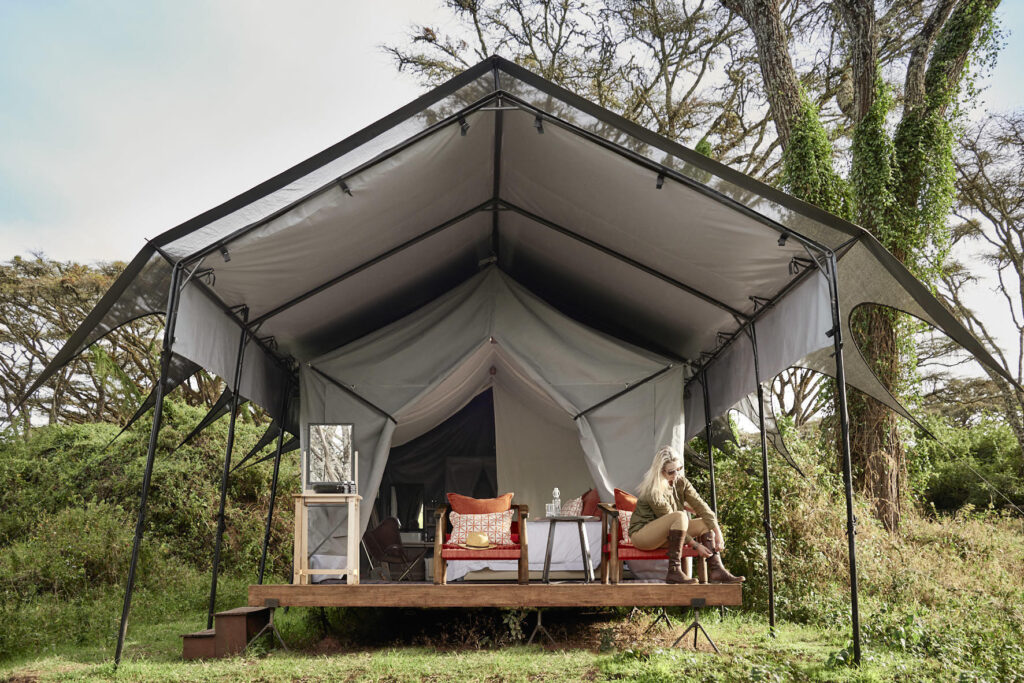 Luxury tent at Ngorongoro Crater Camp with private deck and crater views