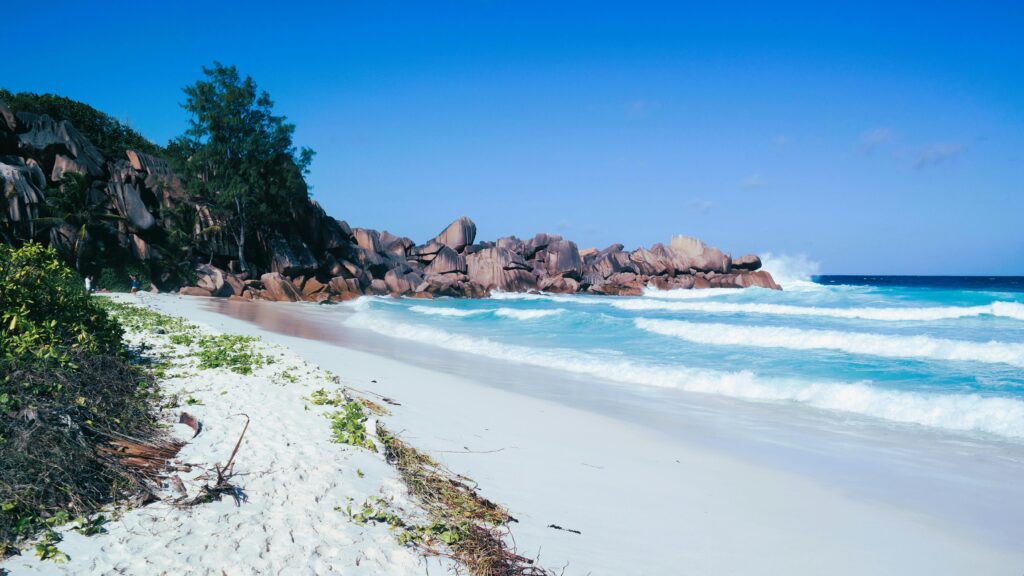 Golden sands and clear waters at Anse Lazio Beach, Praslin