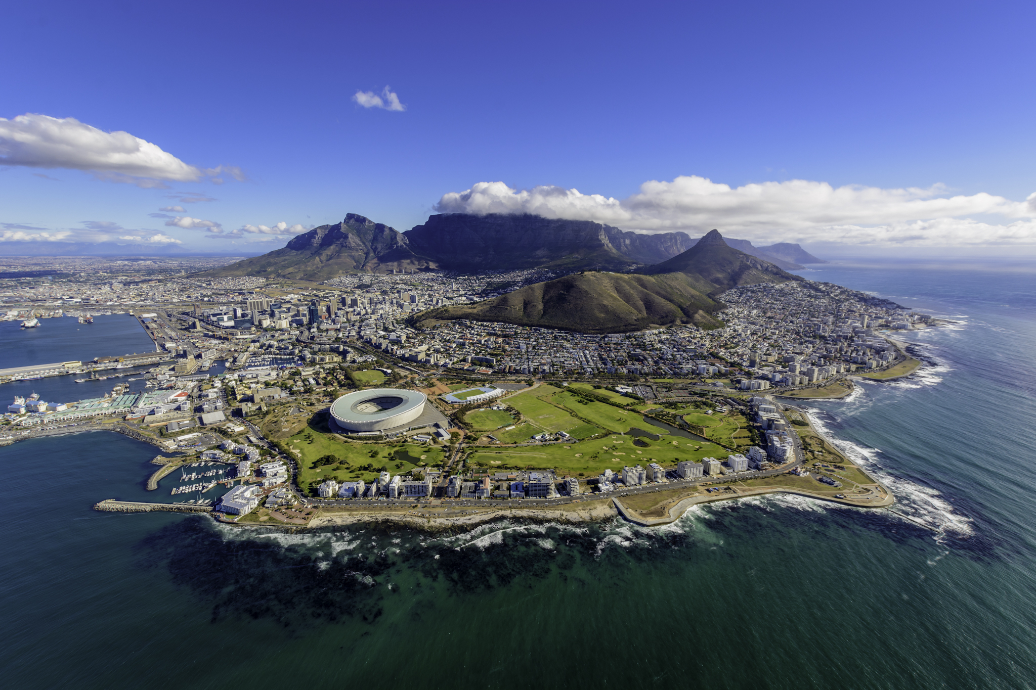 Cape Town and Table Mountain from the air on a luxury African safari